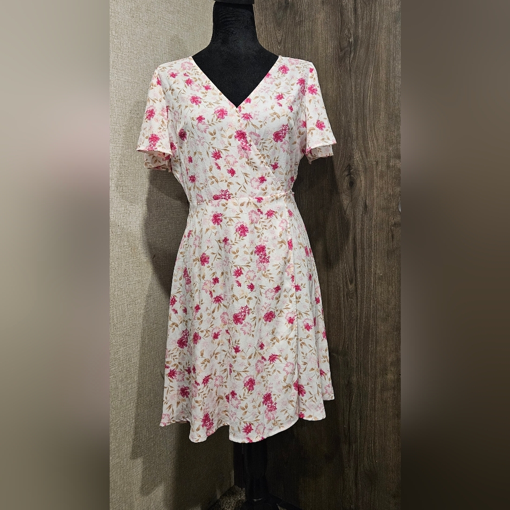 LC Lauren Conrad Pink Flutter Sleeve Wrap Midi Dress